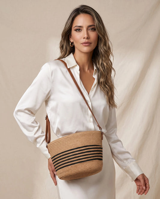Women’s Striped Woven Straw Crossbody Bucket Bag