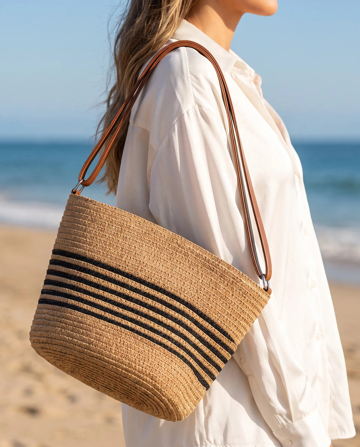Women’s Striped Woven Straw Crossbody Bucket Bag