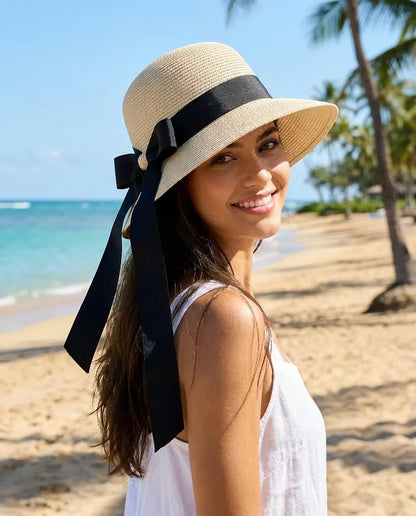 Wide Brim Straw Bucket Sun Hat with Oversized Bow